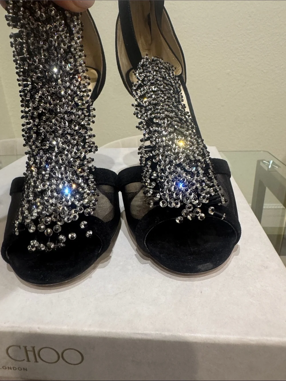 Jimmy Choo Black Crystal T-Strap Embellished Heels